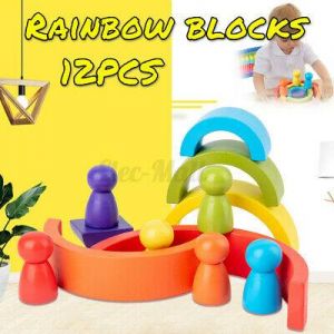 צעצוע חינוכי לפעוטות מונטסורי, קשת בענן מעץ Wooden Rainbow Building Stacking Blocks Baby Toddler Educational Montessori Toy